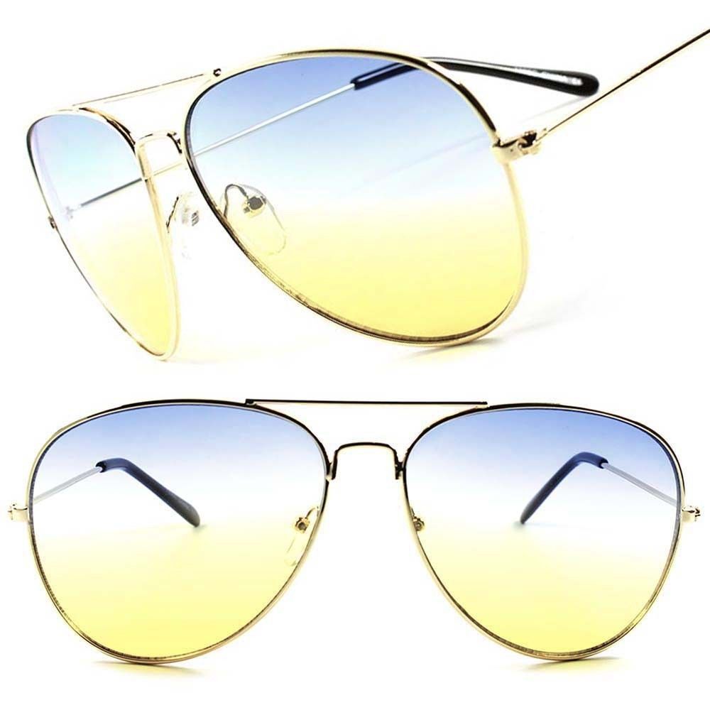 Gold Classic Mens Womens Air Force Style Blue & Yellow Lens Sunglasses